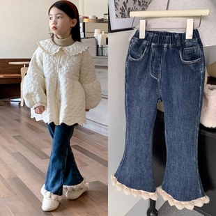 女童加绒加厚牛仔裤冬季新款弹力喇叭裤甜美长裤宝宝洋气修身裤子