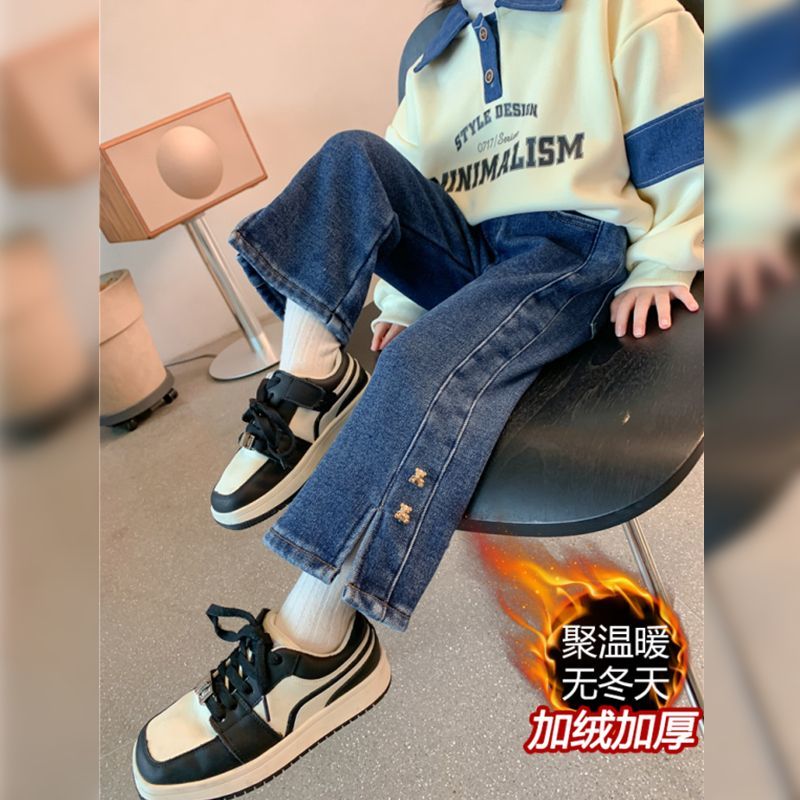 女童牛仔裤秋冬装2025新款儿童加绒加厚宝宝一体绒喇叭裤子冬季潮