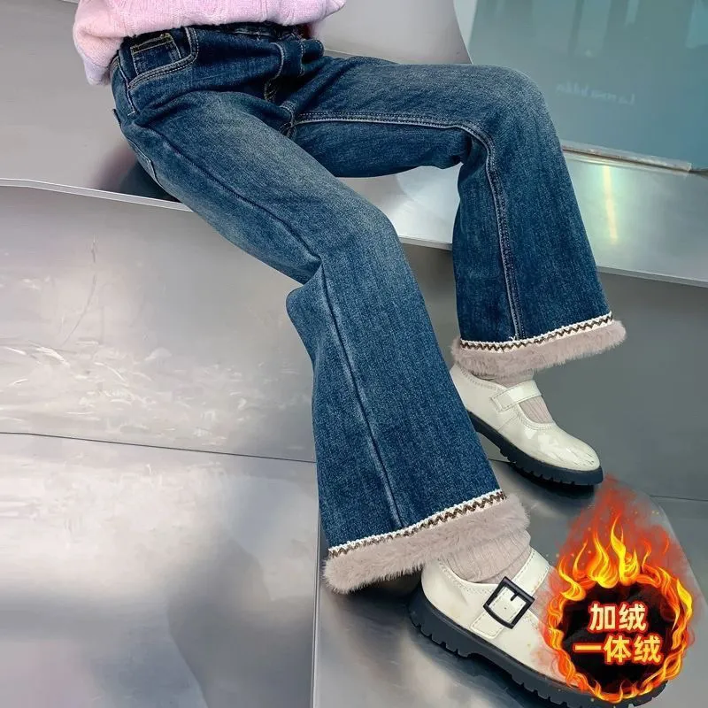 女童秋冬装牛仔裤2026新款儿童洋气女孩冬季加绒加厚修身喇叭裤子