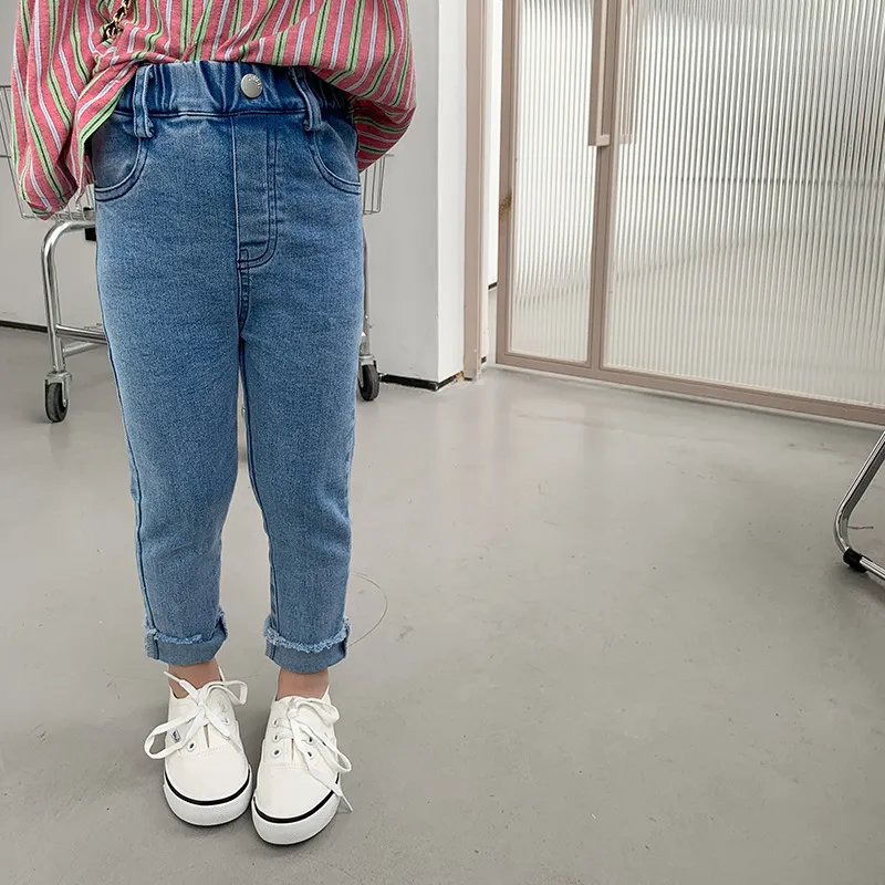 女童弹力修身牛仔裤毛须边铅笔裤