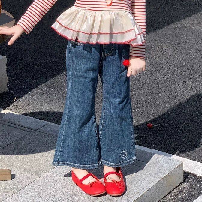 2026春季新款女童洋气卡通条纹拼接纱纱打底牛仔喇叭裤两件套