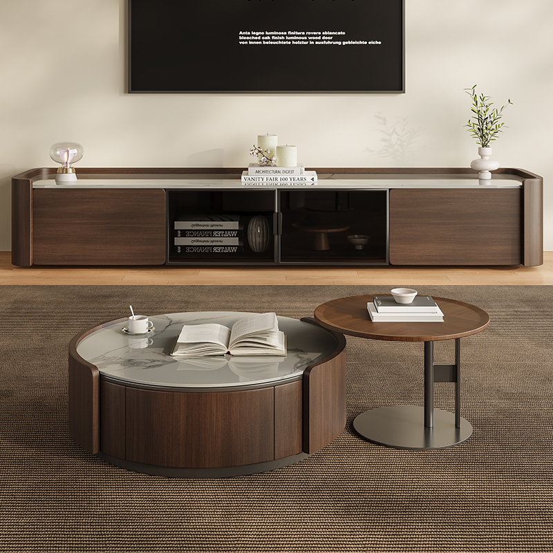 中古风岩板大小圆形茶几