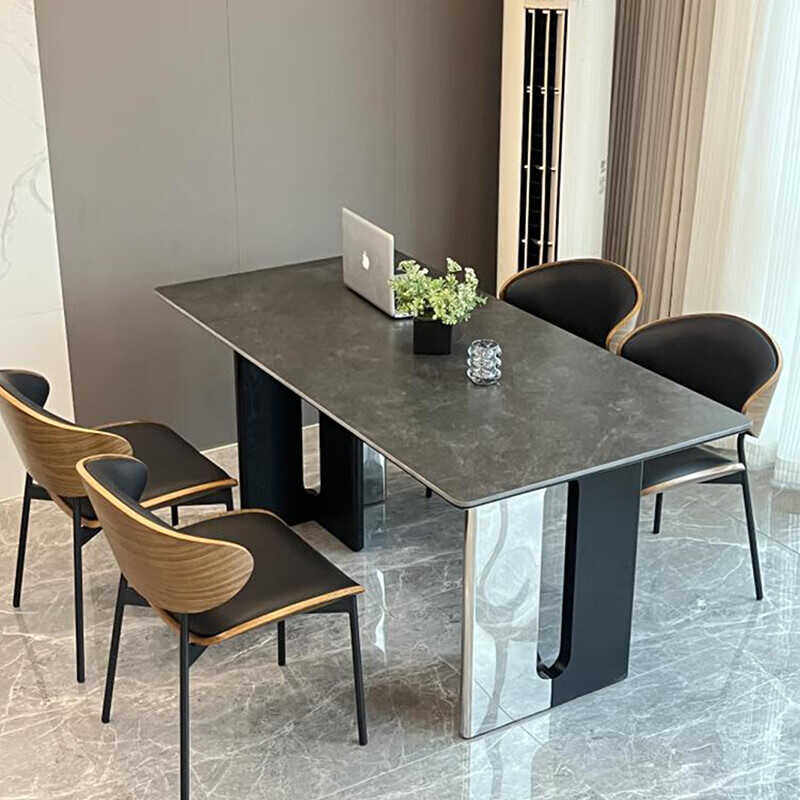 意式极简不锈钢岩板家用实木饭桌