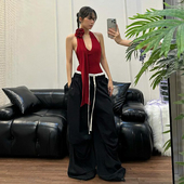 Sisjuly 休闲套装 法式 高腰阔腿裤 女潮 街头辣妹V领挂脖玫瑰吊带