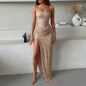 性感名媛feel Sisjuly 褶皱高开叉设计重工亮闪闪抹胸连衣裙女秋