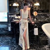 女 Chic Sisjuly girl慵懒风杏色荡领背心花卉印花开叉半身裙套装