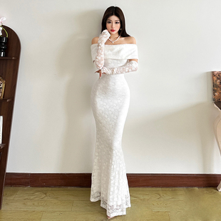 套 栀子茶白优雅轻奢蕾丝袖 一字领时尚 修身 女 连衣裙套装 Sisjuly