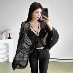 #Sisjuly#法式时尚vibe 爱心小太阳黑纱设计透视感蝙蝠长袖T恤女