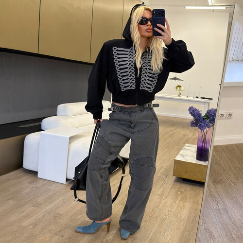 骑士线条纹理宽松连帽长袖外套女
