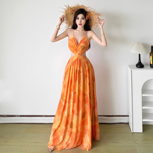 莫奈花园时尚 度假风 斑驳印花性感挖腰露背吊带连衣裙女 Sisjuly