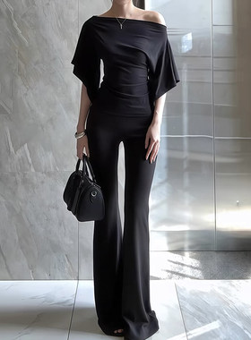 AllBlack宽袖设计斜肩短袖T恤女