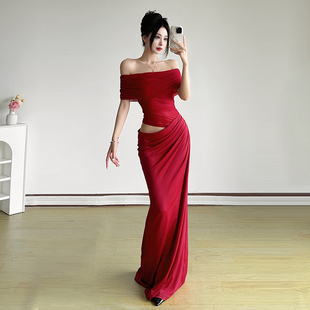 #Sisjuly#风情万种酒红一字肩拼接短袖连衣裙女 褶皱露腰拖地裙潮