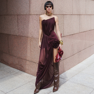 海棠絮语不规则 立体花朵设计轻纱飘逸褶皱抹胸连衣裙女 Sisjuly