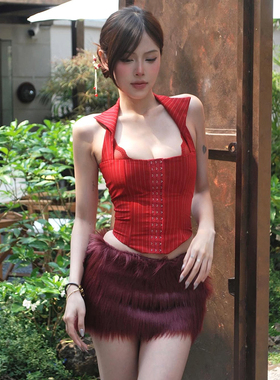 #Sisjuly# 港味复古90年代明艳张扬红色条纹西装吊带女 百搭背心
