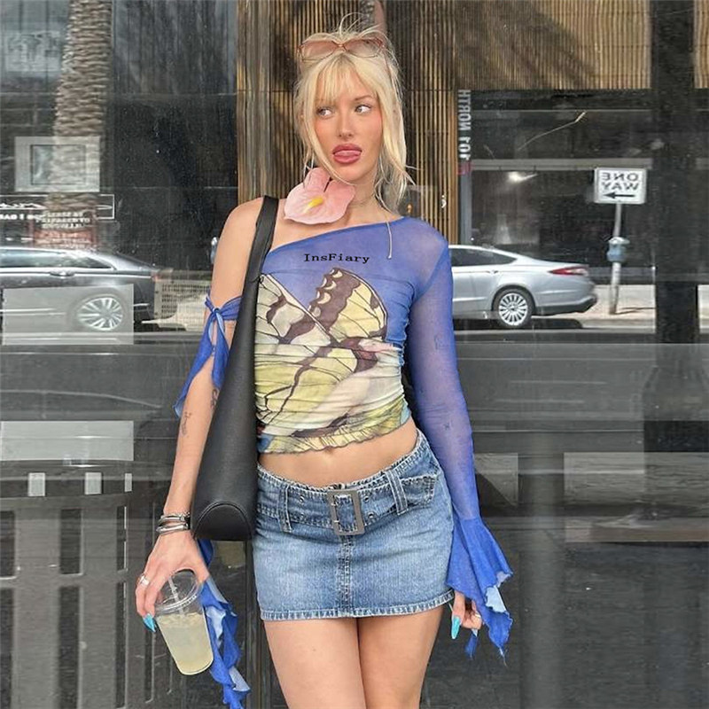 #Sisjuly# 千禧辣妹翩翩蝴蝶斜肩性感百搭T恤女 网纱修身显瘦上衣,女装/女士精品,T恤,淘宝优惠券,粉丝福利购,淘宝优惠卷