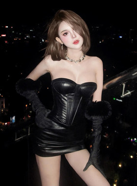 皮革紧身抹胸超短包臀裙三件套女