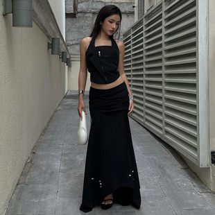 褶皱串珠飘带设计百搭气质黑修身 复古典雅lady 半身裙女 Sisjuly