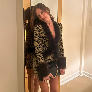 包臀短裙套装 优雅名媛小香风细闪豹纹毛茸茸拼接上衣 女 Sisjuly
