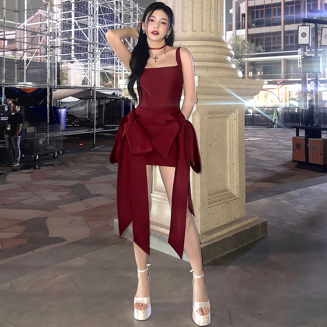 蝴蝶结绑带装饰甜美时尚连衣裙女