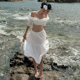 #Sisjuly#田园小百花暗纹镂空荷叶花边短款上衣 镂空中长裙套装女