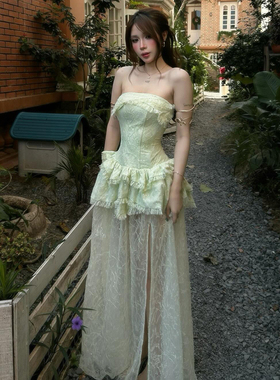 #Sisjuly#洛可可格林女孩 提花蕾丝拼接蓬蓬开叉修身抹胸连衣裙女