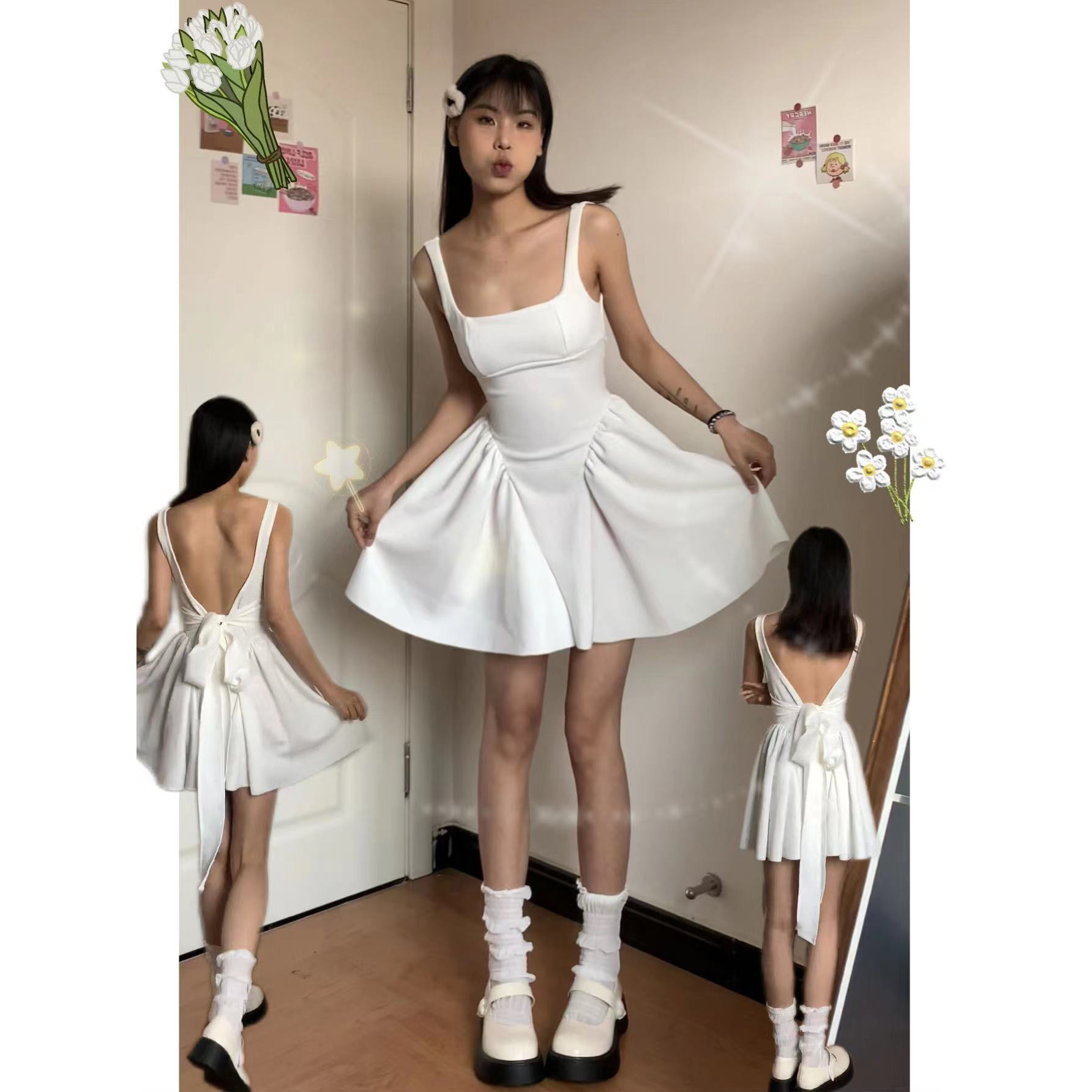 #Sisjuly# 清新森系仙女风绑带蝴蝶结气质方领修身显瘦连衣裙女夏