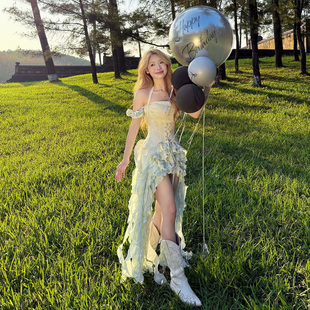 层叠轻纱飘带挂脖连衣裙套装 甜美绿野仙踪系带束腰 女夏 Sisjuly