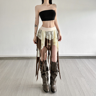 #Sisjuly#酷拽复古沙丘废土风 蕾丝碎布拼接飘带防走光半身裙女夏