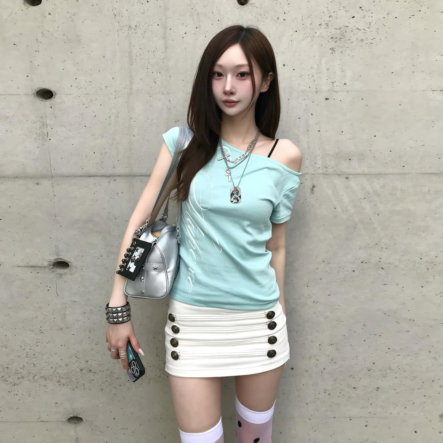 #Sisjuly#千禧y2k甜酷风 清爽绿后背十字架蕾丝透视感短袖T恤女夏