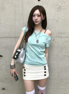 后背十字架蕾丝透视感短袖T恤女