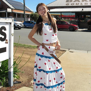 #Sisjuly# 西海岸度假风超甜爱心蕾丝边边背心蛋糕裙休闲套装女潮