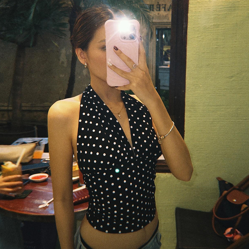 撞色波点挂脖背心抽绳长裤套装女