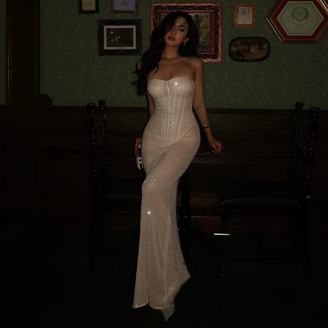 #Sisjuly#月夜芙蓉花重工亮片设计 性感微透修身鱼骨抹胸连衣裙女,女装/女士精品,连衣裙,淘宝优惠券,粉丝福利购,淘宝优惠卷