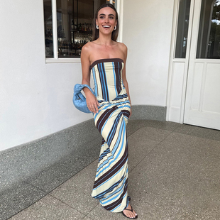 调性经典 Sisjuly 时尚 不规则褶皱开叉抹胸连衣裙女 撞色条纹长裙