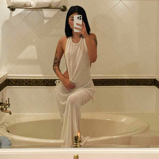 #Sisjuly#暧昧朦胧诱惑月光白 轻薄透视感镂空拖地背心连衣裙女秋