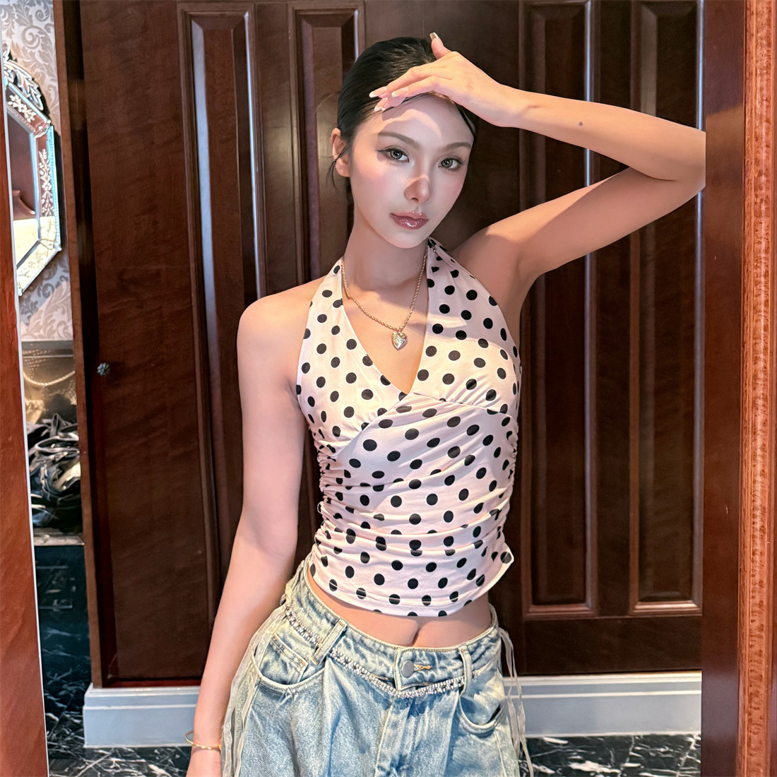 #Sisjuly#甜美娇粉色蜜果芭菲 性感波点印花V领挂脖式吊带背心女