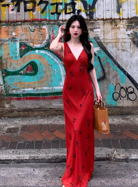 #Sisjuly# 法式复古气质deep v小碎花背心裙女 掐腰显身材连衣裙