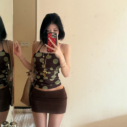 波点印花抹胸纯色包臀短裙套装女