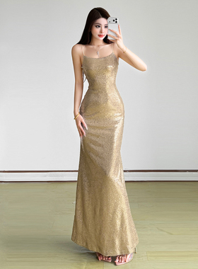 #Sisjuly#老钱Tune名媛宴会礼服 重工亮片设计鱼尾吊带连衣裙女秋