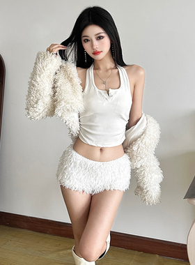 #Sisjuly#白巧恋人甜酷风 白色毛茸茸辣妹百搭性感热辣超短裤女潮