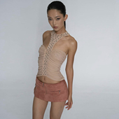 拉链超短裙套装 饰褶皱挂脖背心 chic街头设计感铆钉装 女 Sisjuly