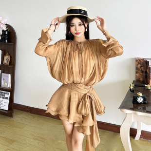 垂感绑带设计荷叶边长袖 流金岁月纯欲轻奢风 连衣裙女秋 Sisjuly