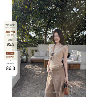 针织女夏季 休闲显瘦百搭上衣 轻语」亚麻复古V领修身 Yinkoo「法式