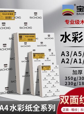 宝虹水彩纸300ga3中粗纹水彩纸木浆纸8k初学者美术生专用水彩画纸