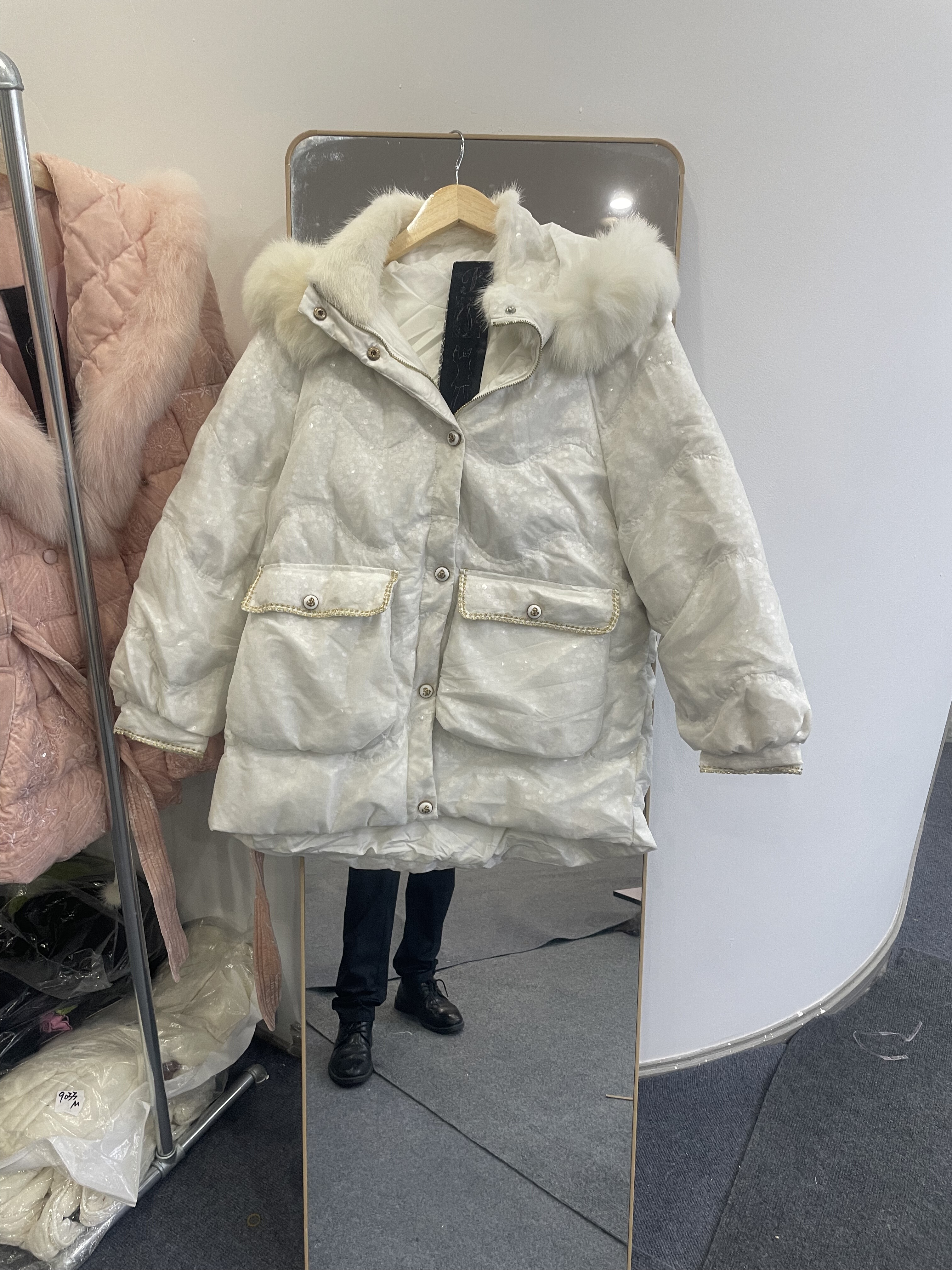 特价 羽绒服 福利 欧货狐狸毛领连帽亮片中长款羽绒服保暖外套