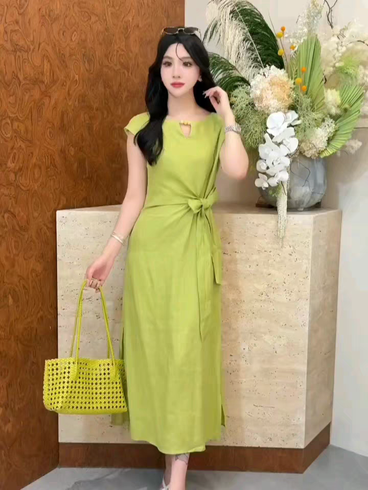 欧洲站2026夏季新款DT.Dong时尚圆领系带收腰短袖T恤长款连衣裙女