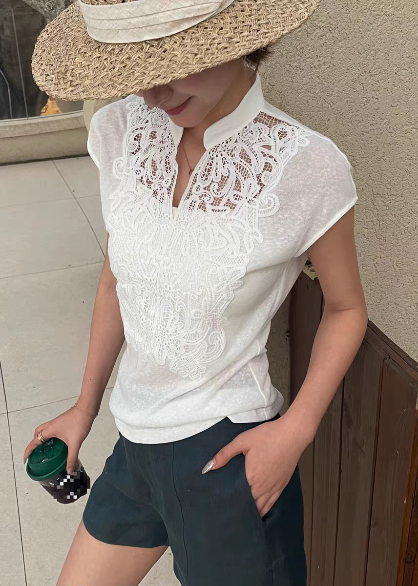 欧洲站2026夏季新款V+.com气质V领蕾丝拼接短袖T恤修身百搭上衣女