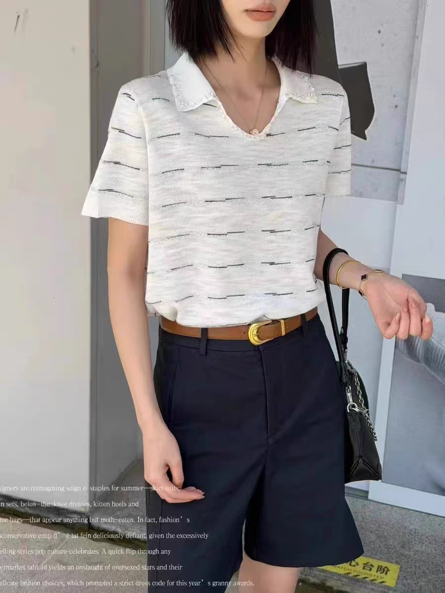 欧洲站2026夏季新款Dong.one钉珠翻领冰丝短袖T恤百搭条纹上衣女