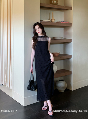 IDENTIFY 简约薄纱拼接圆点烧花人丝连衣裙女夏季圆领宽松背心裙