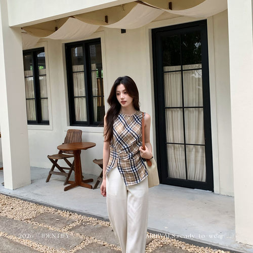 经典格子打褶亚麻无袖马甲女